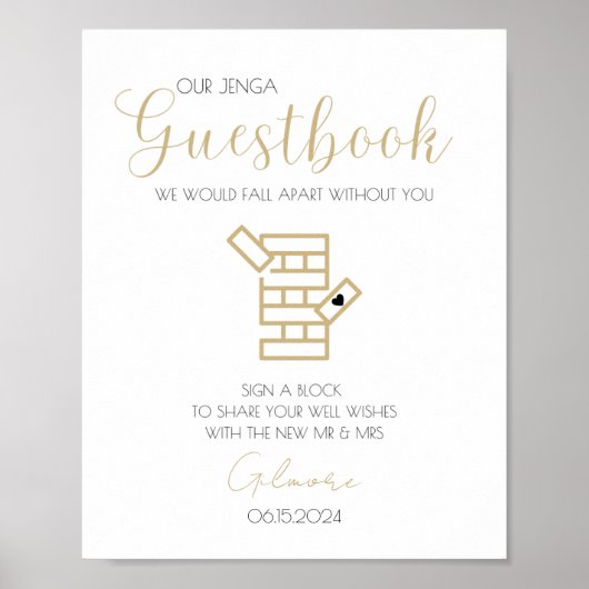 Gold Calligraphy Jenga Guestbook Wedding Poster (Voorkant)