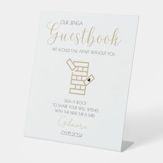 Gold Calligraphy Jenga Guestbook Wedding Sign-In Reclamebord Met Voetstuk (Voorkant)