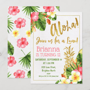 Gold Calligraphy Luau Birthday Invitation Kaart