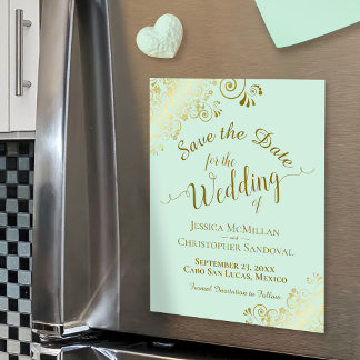 Gold Calligraphy Mint Green Save the Date Magnet