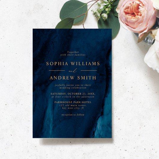 Gold Calligraphy & Navy Blue Wedding Invitation Kaart