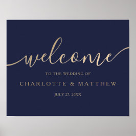 Gold Calligraphy Navy Blue Welcome Wedding Poster