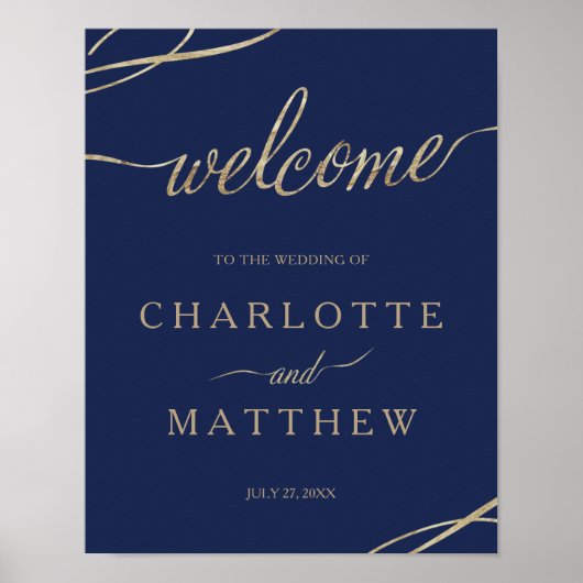 Gold Calligraphy Navy Blue Welcome Wedding Poster (Voorkant)