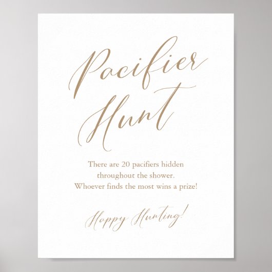 Gold Calligraphy Pacifier Hunt Baby shower Game Poster (Voorkant)