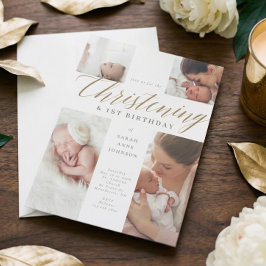 Gold Calligraphy Photo Christening & 1st Birthday  Kaart