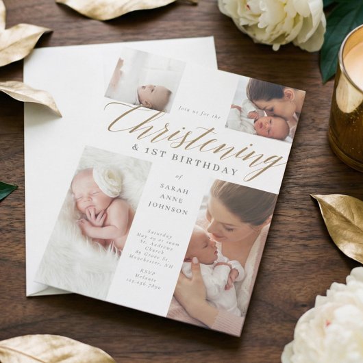 Gold Calligraphy Photo Christening & 1st Birthday  Kaart
