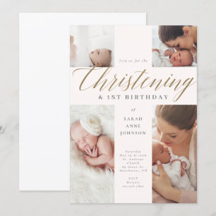 Gold Calligraphy Photo Christening & 1st Birthday  Kaart