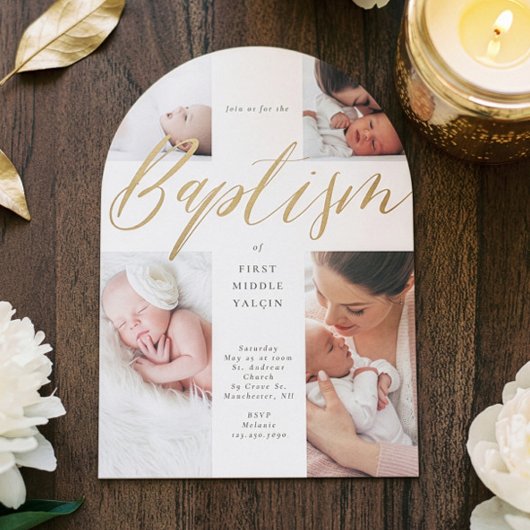Gold Calligraphy Photo Collage Baby Baptism Cross Kaart
