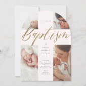 Gold Calligraphy Photo Collage Baby Baptism Cross Kaart (Voorkant)