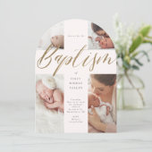 Gold Calligraphy Photo Collage Baby Baptism Cross Kaart (Staand voorkant)