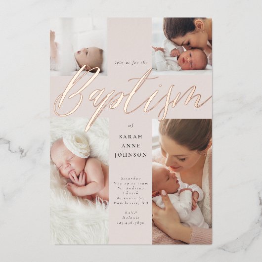 Gold Calligraphy Photo Collage Baby Baptisme Cross Folie Uitnodiging (Voorkant)