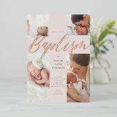 Gold Calligraphy Photo Collage Baby Baptisme Cross Folie Uitnodiging (Staand Voorkant)