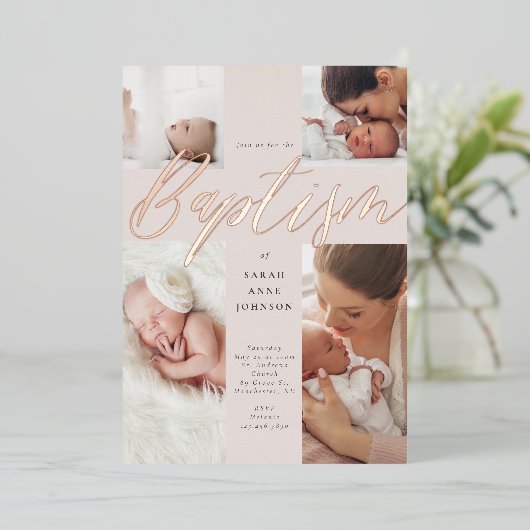 Gold Calligraphy Photo Collage Baby Baptisme Cross Folie Uitnodiging (Staand Voorkant)