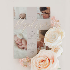 Gold Calligraphy Photo Collage Baby Baptisme Cross Folie Uitnodiging