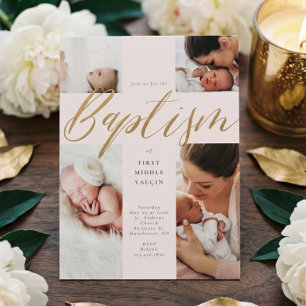 Gold Calligraphy Photo Collage Baby Baptisme Cross Kaart