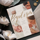 Gold Calligraphy Photo Collage Baby Baptisme Cross Kaart<br><div class="desc">Viel de baptisme van uw zoon of dochter op met ons mooie,  moderne,  minimale en elegante design. Ons ontwerp kenmerkt een vierfotolay-out die de indruk van een kruis creëer. "Baptisme: wordt getoond in moderne faux goudkalligrafie. Aan de achterzijde is een eenvoudig vals gouden kruis in het midden afgebeeld.</div>