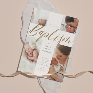 Gold Calligraphy Photo Collage Baby Baptisme Cross Kaart