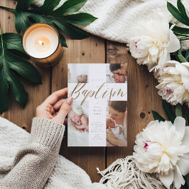 Gold Calligraphy Photo Collage Baby Baptisme Cross Kaart