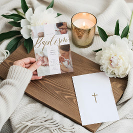 Gold Calligraphy Photo Collage Baby Baptisme Cross Kaart