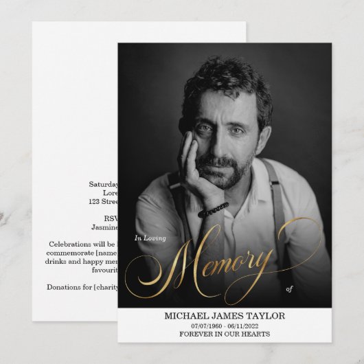 Gold Calligraphy Photo in Loing Memory Funeral Kaart (Voorkant / Achterkant)