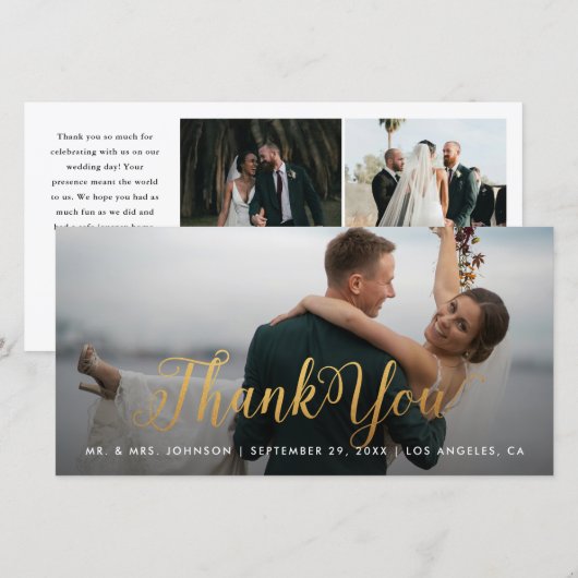 Gold Calligraphy Photo Thank You Tall Card Bedankkaart (Voorkant / Achterkant)