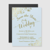 Gold Calligraphy Powder Blue Save the Date Magnet (Voorkant / Achterkant)