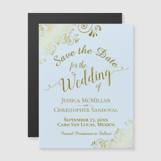 Gold Calligraphy Powder Blue Save the Date Magnet