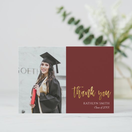 Gold Calligraphy Red Modern Photo Afstuderen Bedankkaart (Staand voorkant)