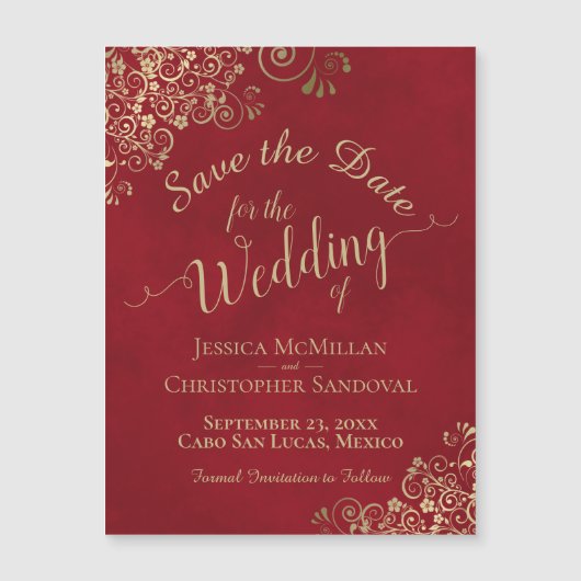 Gold Calligraphy Red Wedding Save the Date Magnet (Voorkant)