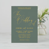 Gold Calligraphy Script Green minimaliseren Folie Uitnodiging (Staand Voorkant)