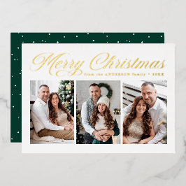 Gold Calligraphy Script Merry Kerstry 3 Foto Folie Feestdagenkaart