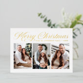 Gold Calligraphy Script Merry Kerstry 3 Foto Folie Feestdagenkaart (Staand Voorkant)