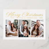Gold Calligraphy Script Merry Kerstry 3 Foto Folie Feestdagenkaart (Voorkant)