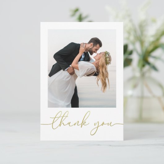 Gold Calligraphy Script Moderne Simple Two Photo Bedankkaart (Staand voorkant)