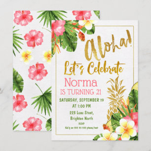 Gold Calligraphy Tropical Birthday Invitation Kaart