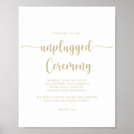 Gold Calligraphy Unplugged Ceremony Sign Poster (Voorkant)