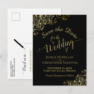Gold Calligraphy Wedding Save the Date Black Aankondigingskaart