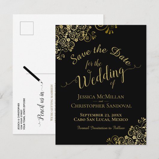 Gold Calligraphy Wedding Save the Date Black Aankondigingskaart (Voorkant / Achterkant)
