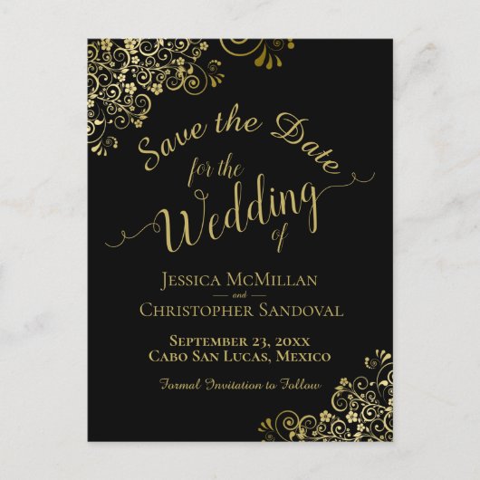 Gold Calligraphy Wedding Save the Date Black Aankondigingskaart (Voorkant)