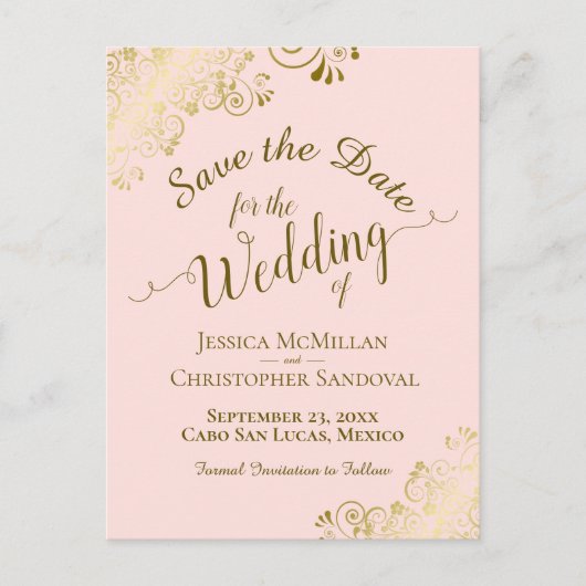 Gold Calligraphy Wedding Save the Date Blush Pink Aankondigingskaart (Voorkant)