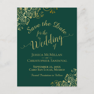 Gold Calligraphy Wedding Save the Date Emerald Aankondigingskaart