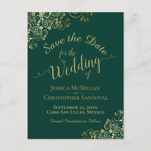 Gold Calligraphy Wedding Save the Date Emerald Aankondigingskaart (Voorkant)
