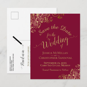 Gold Calligraphy Wedding Save the Date Maroon Aankondigingskaart
