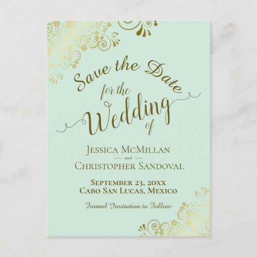 Gold Calligraphy Wedding Save the Date Mint Green Aankondigingskaart (Voorkant)