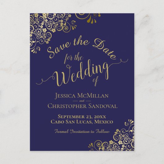 Gold Calligraphy Wedding Save the Date Navy Blue Aankondigingskaart (Voorkant)