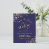 Gold Calligraphy Wedding Save the Date Navy Blue Aankondigingskaart (Staand voorkant)