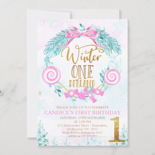 Gold Calligraphy Winter One-derland Birthday Invit Kaart (Voorkant)