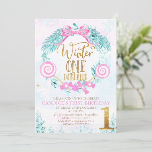 Gold Calligraphy Winter One-derland Birthday Invit Kaart (Staand voorkant)