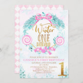 Gold Calligraphy Winter One-derland Birthday Invit Kaart (Voorkant / Achterkant)
