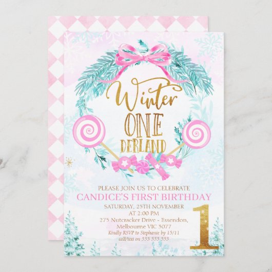Gold Calligraphy Winter One-derland Birthday Invit Kaart (Voorkant / Achterkant)